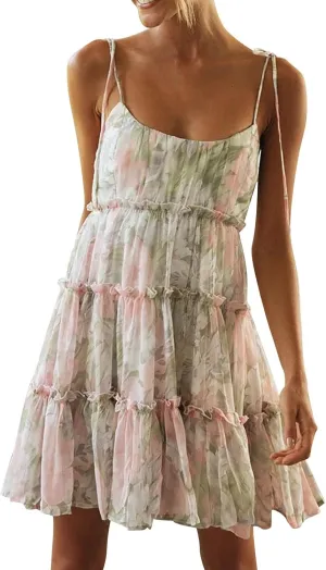 Women's Daily Wear Bohemian Elegant Dress Sleeveless Comfortable Floral Lightweight Tiered Beachwear Mini Style Dresses
