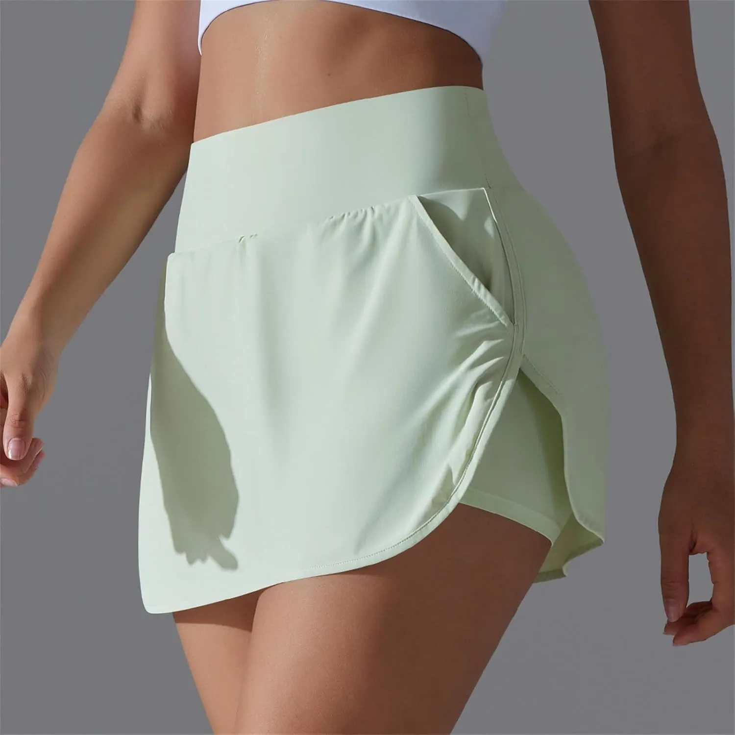 Womens Fake Two-Piece Athletic Tennis Skorts Elastic High Waist Cool Sun Protection Yoga Fitness Sports Skirts Shorts