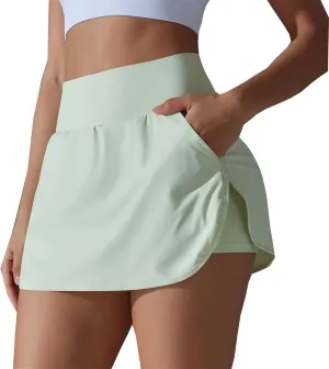 Womens Fake Two-Piece Athletic Tennis Skorts Elastic High Waist Cool Sun Protection Yoga Fitness Sports Skirts Shorts