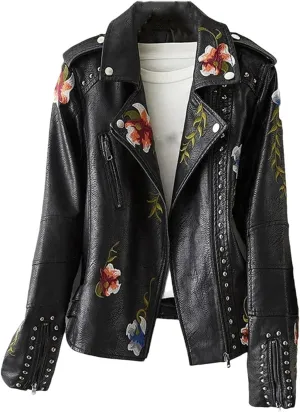 Women's Faux Leather Jacket Floral Print Embroidered Zipper Lapel Long Sleeve PU Outwear