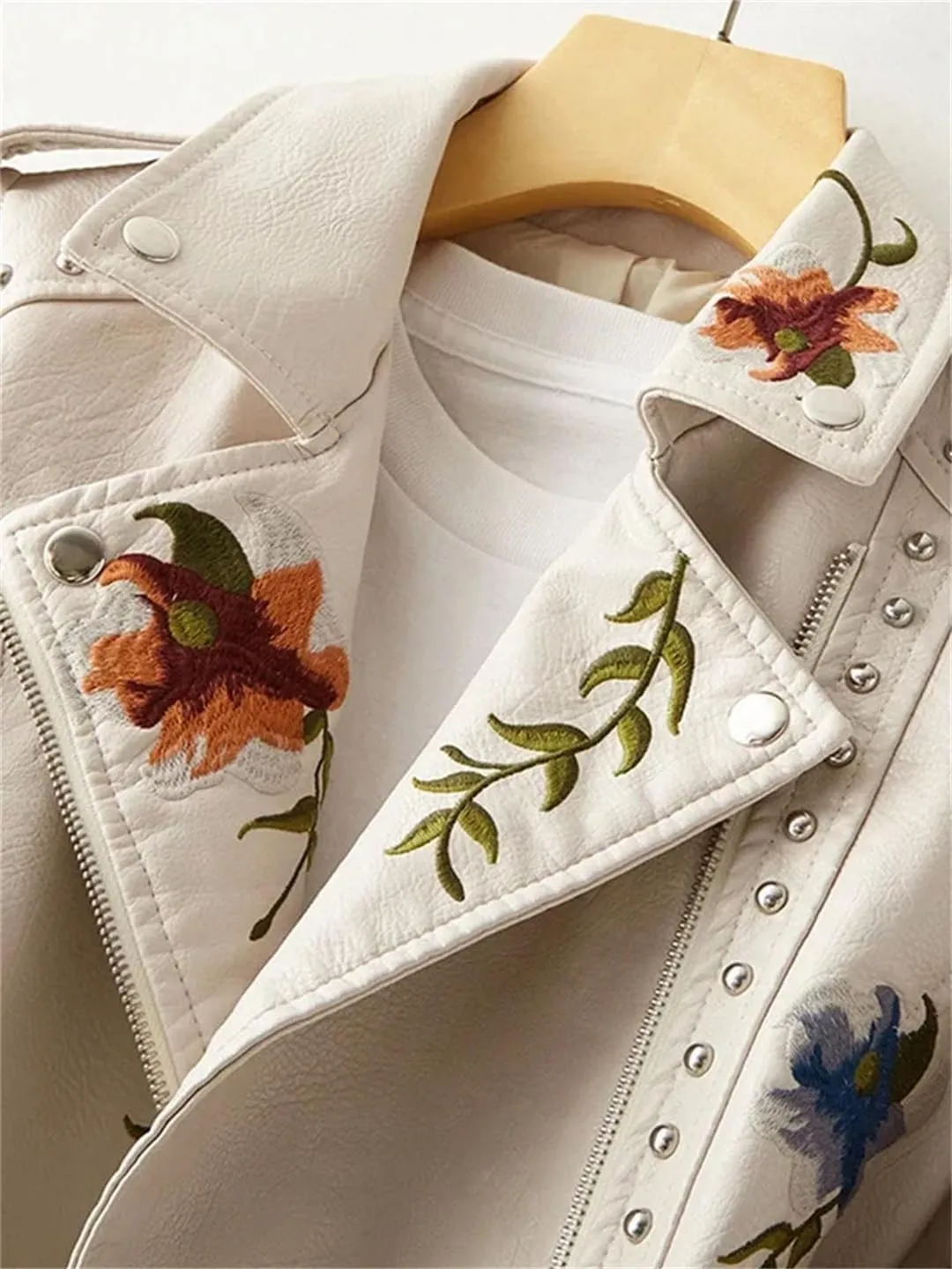 Women's Faux Leather Jacket Floral Print Embroidered Zipper Lapel Long Sleeve PU Outwear