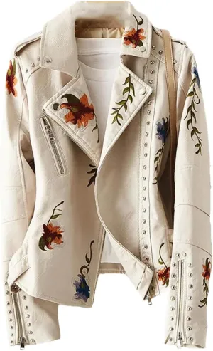 Women's Faux Leather Jacket Floral Print Embroidered Zipper Lapel Long Sleeve PU Outwear