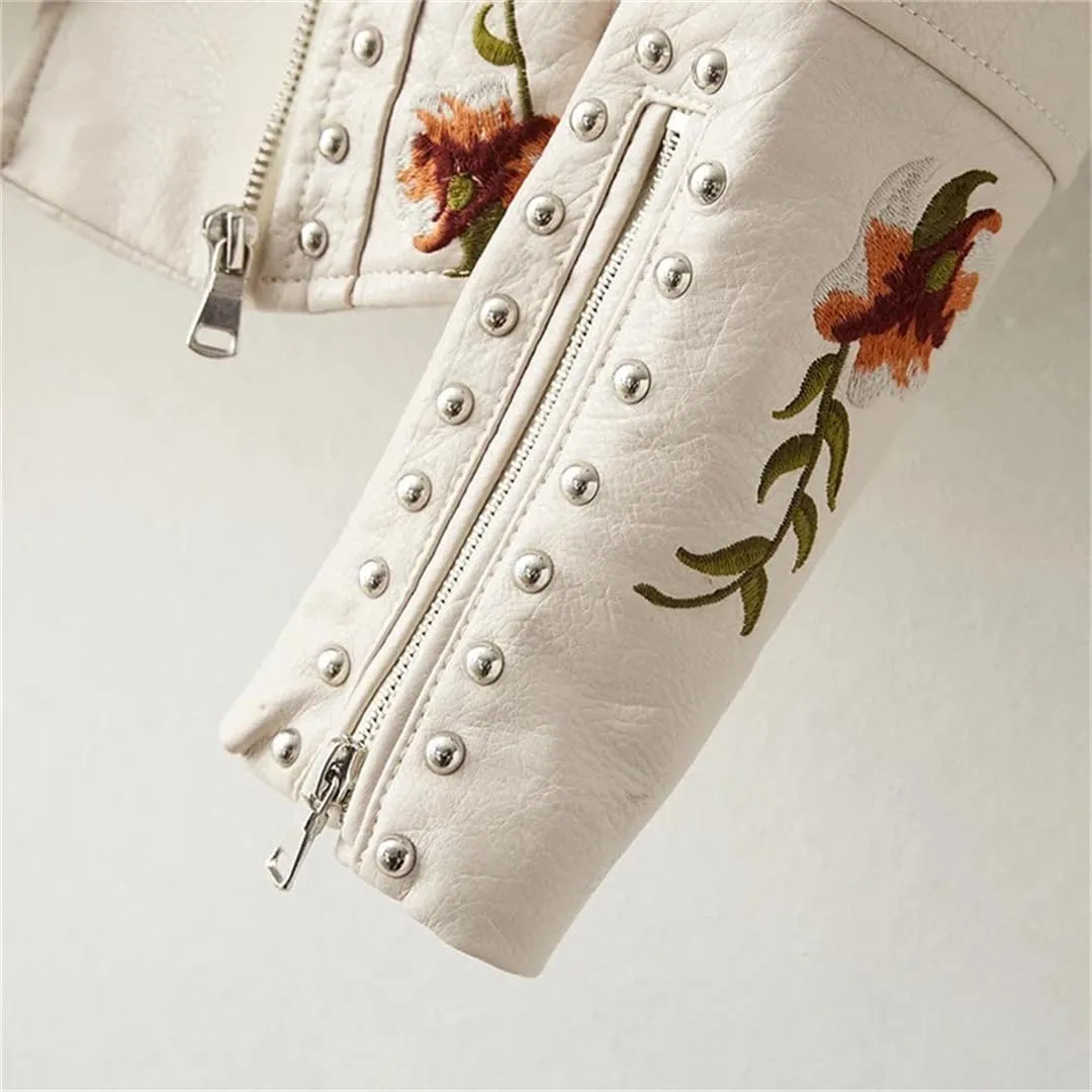 Women's Faux Leather Jacket Floral Print Embroidered Zipper Lapel Long Sleeve PU Outwear