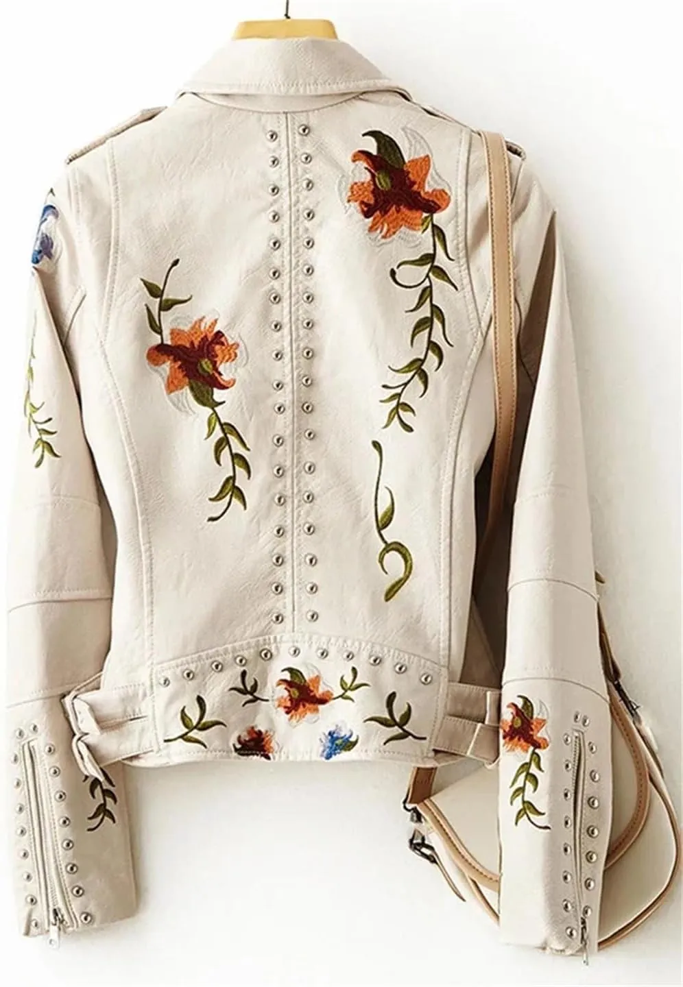 Women's Faux Leather Jacket Floral Print Embroidered Zipper Lapel Long Sleeve PU Outwear