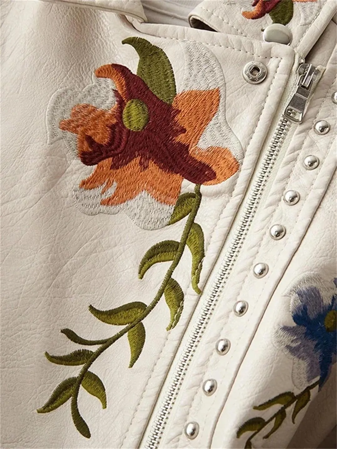 Women's Faux Leather Jacket Floral Print Embroidered Zipper Lapel Long Sleeve PU Outwear