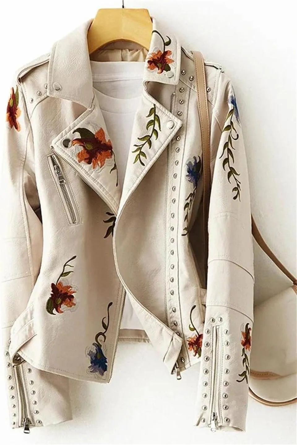 Women's Faux Leather Jacket Floral Print Embroidered Zipper Lapel Long Sleeve PU Outwear
