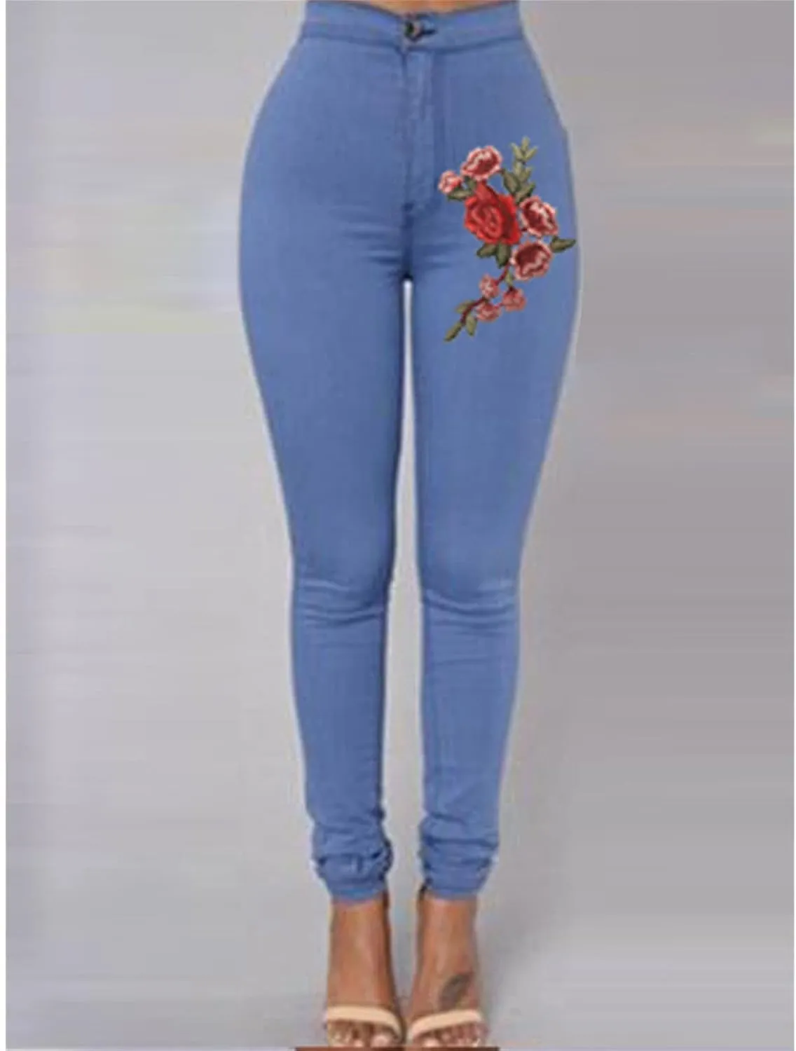 Women's High Waist Stretch Skinny Embroidered Flower Print Leggings Classic Jean Trousers Slimming Jean Jogger