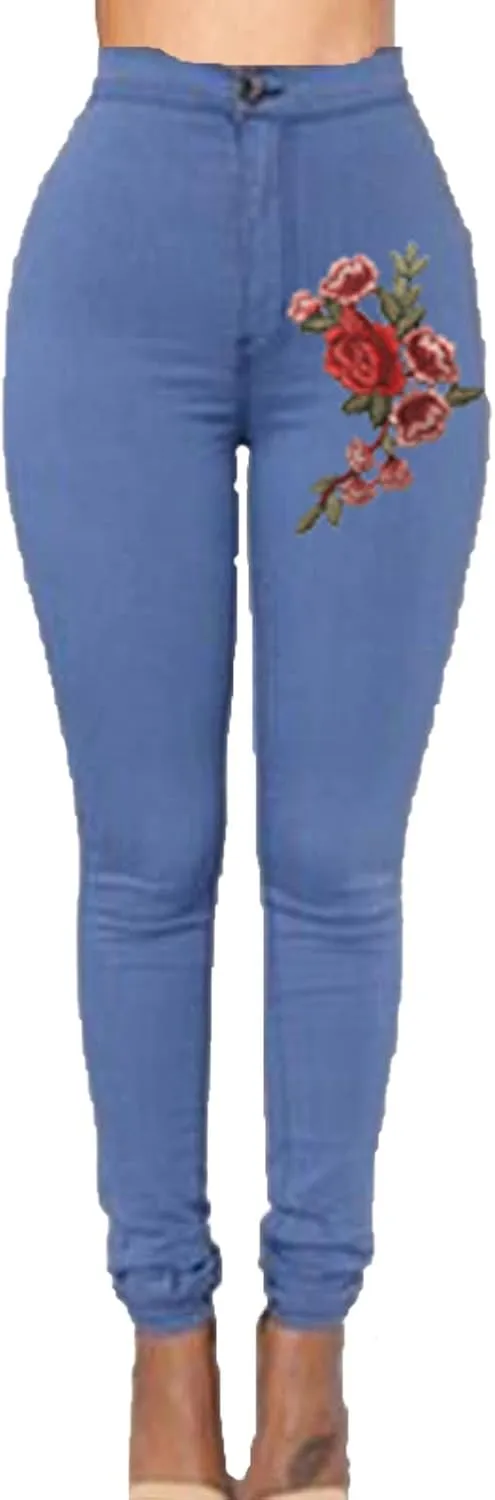 Women's High Waist Stretch Skinny Embroidered Flower Print Leggings Classic Jean Trousers Slimming Jean Jogger