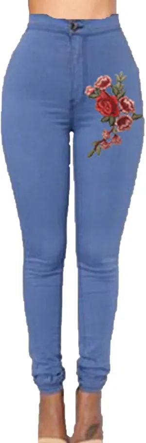 Women's High Waist Stretch Skinny Embroidered Flower Print Leggings Classic Jean Trousers Slimming Jean Jogger