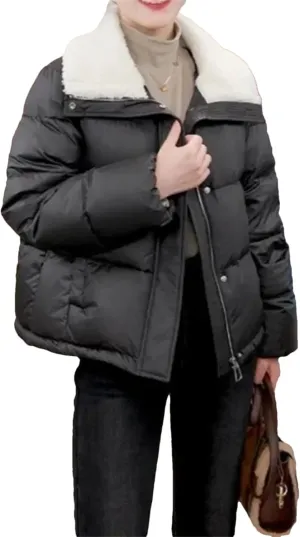 Women's Lapel Puffer Jacket Winter Vintage Thick Warm Parkas Coat Casual Cotton Padded Outerwear Black