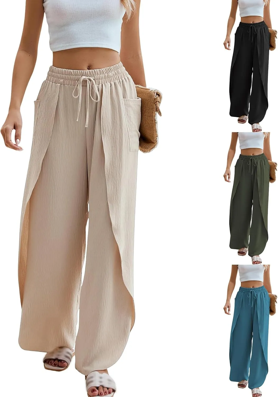 Women's Linen Palazzo Pants Summer Flowy Wide Leg Drawstring Business Casual Dress Pants Boho Trousers
