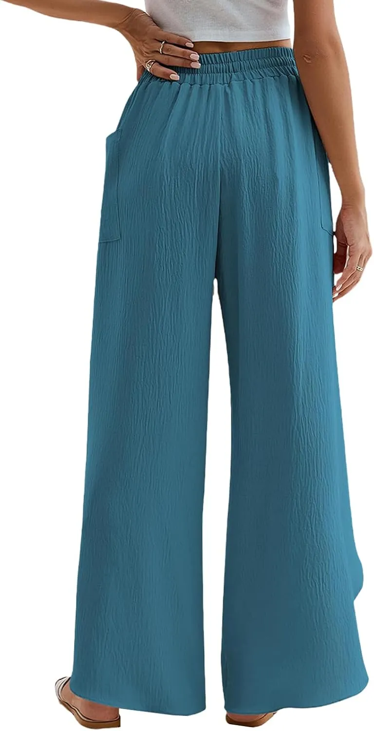Women's Linen Palazzo Pants Summer Flowy Wide Leg Drawstring Business Casual Dress Pants Boho Trousers