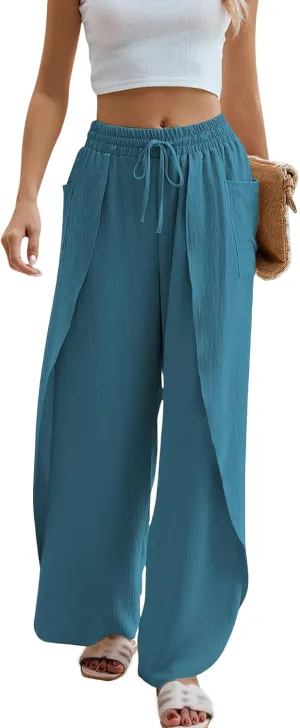 Women's Linen Palazzo Pants Summer Flowy Wide Leg Drawstring Business Casual Dress Pants Boho Trousers