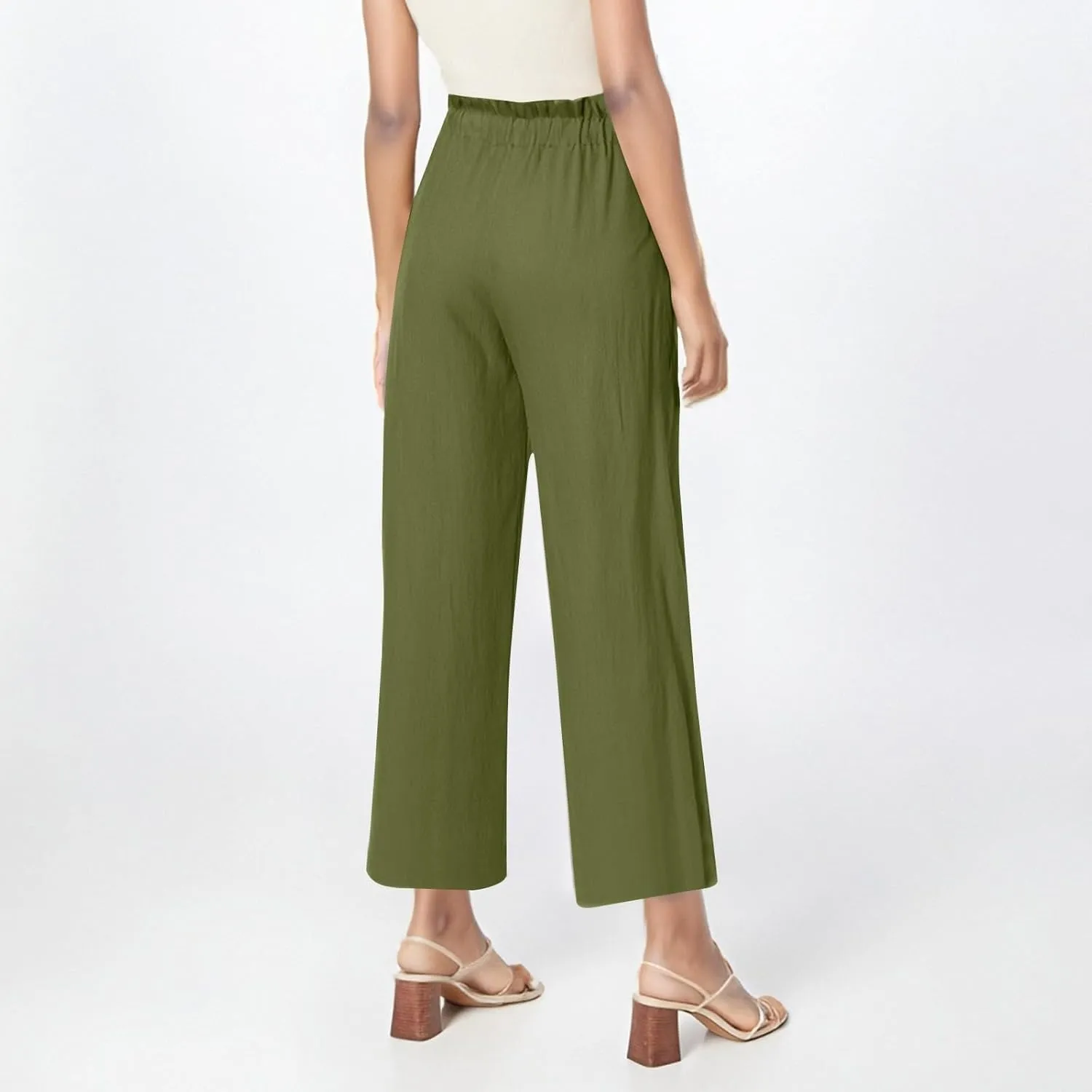 Women's Linen Pants Casual Drawstring High Waisted Wide Leg Capri Pant Summer Baggy Palazzo Trousers with Pockets