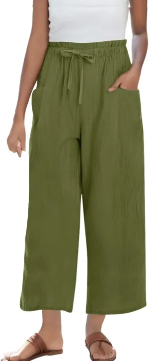 Women's Linen Pants Casual Drawstring High Waisted Wide Leg Capri Pant Summer Baggy Palazzo Trousers with Pockets