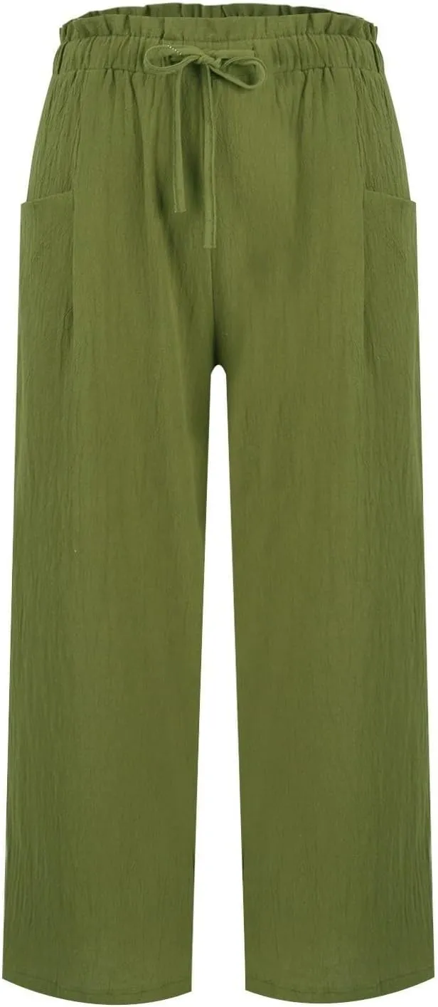Women's Linen Pants Casual Drawstring High Waisted Wide Leg Capri Pant Summer Baggy Palazzo Trousers with Pockets