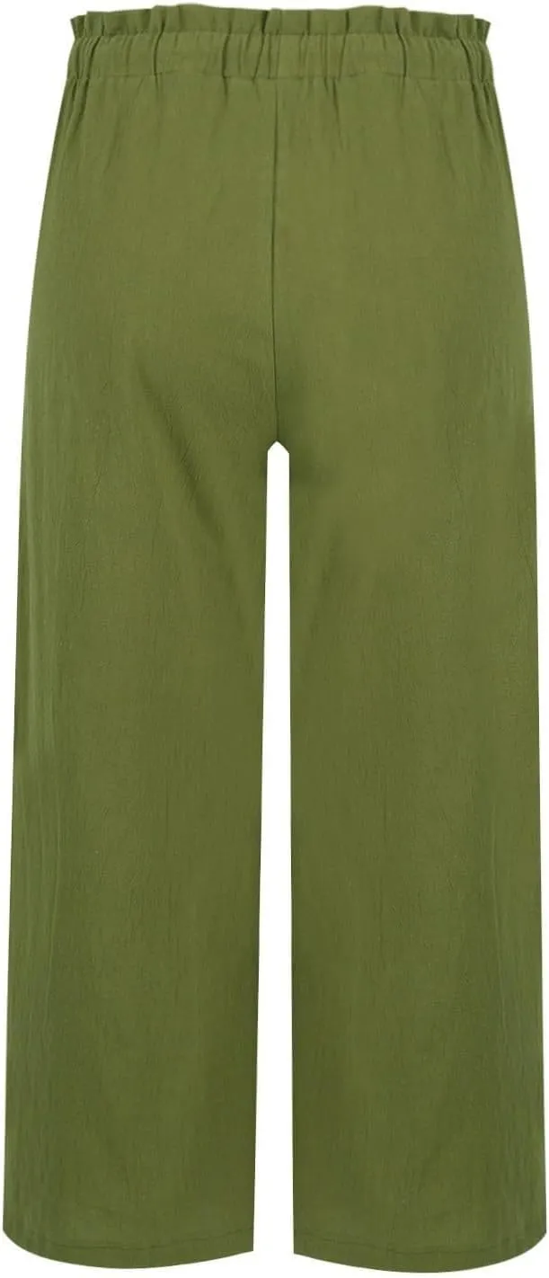 Women's Linen Pants Casual Drawstring High Waisted Wide Leg Capri Pant Summer Baggy Palazzo Trousers with Pockets