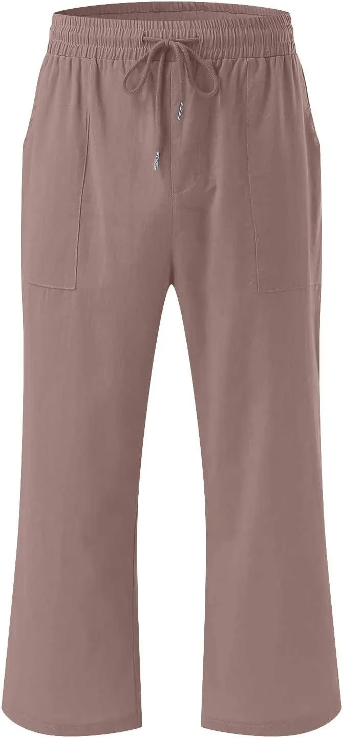 Womens Linen Pants Casual High Waisted Wide Leg Capri Pants Baggy Elastic Drawstring Trousers Summer Beach Trouser
