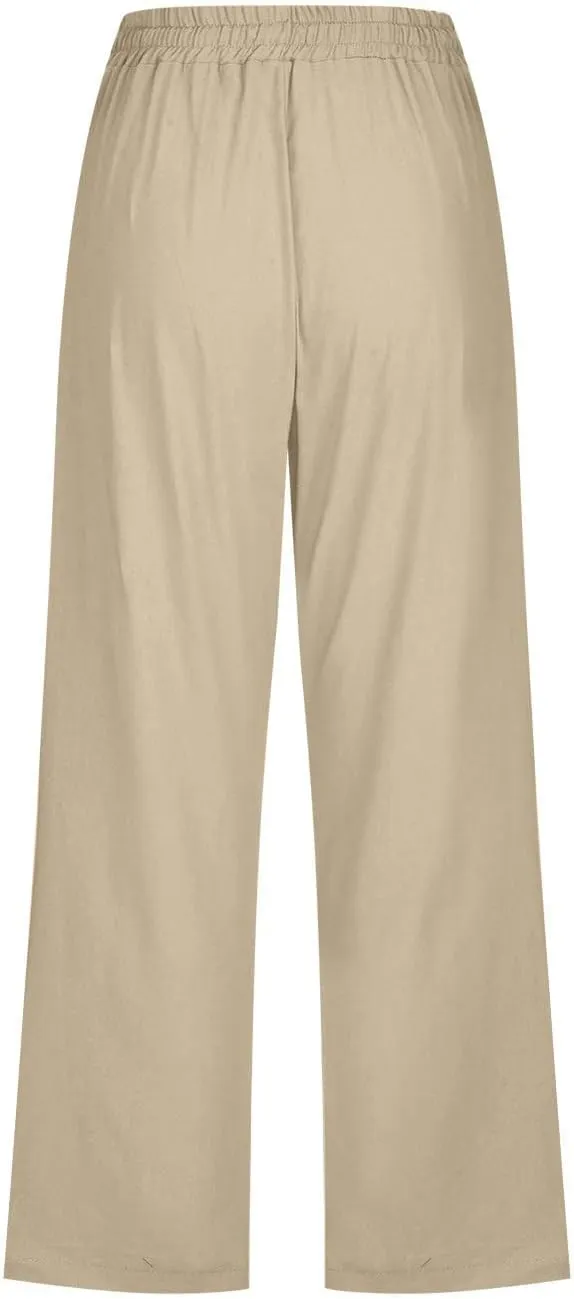 Womens Linen Pants Casual High Waisted Wide Leg Capri Pants Baggy Elastic Drawstring Trousers Summer Beach Trouser