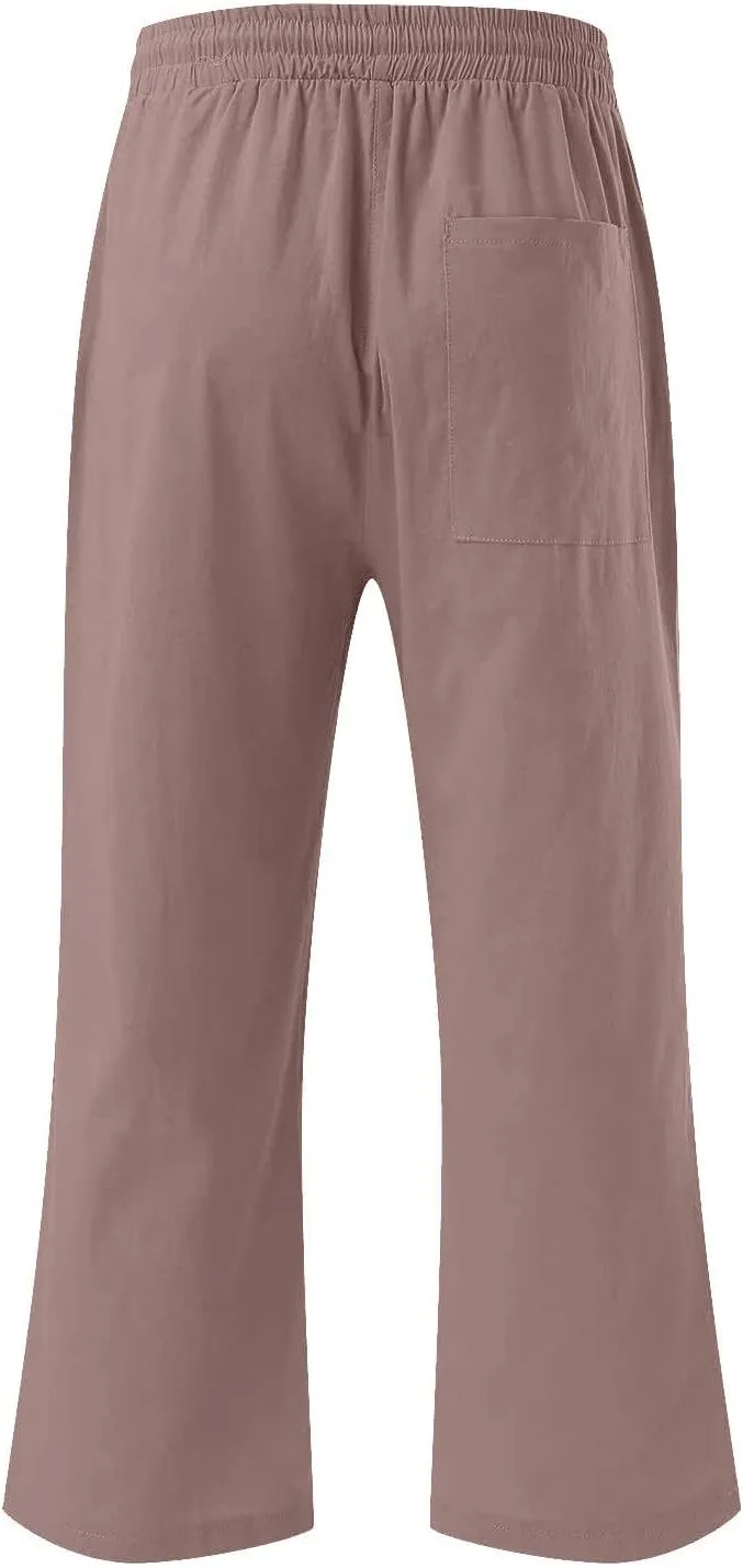 Womens Linen Pants Casual High Waisted Wide Leg Capri Pants Baggy Elastic Drawstring Trousers Summer Beach Trouser