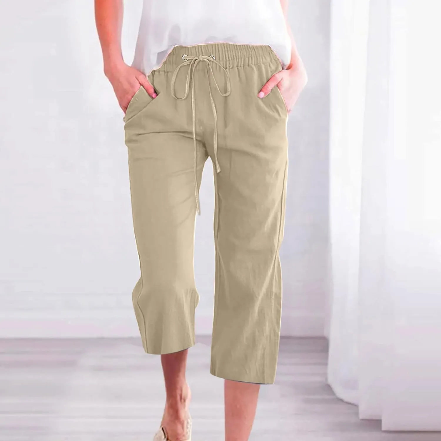 Womens Linen Pants Casual High Waisted Wide Leg Capri Pants Baggy Elastic Drawstring Trousers Summer Beach Trouser