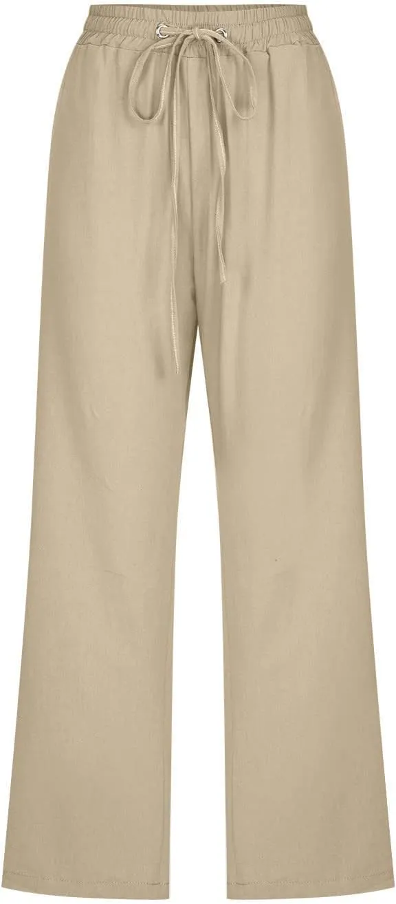 Womens Linen Pants Casual High Waisted Wide Leg Capri Pants Baggy Elastic Drawstring Trousers Summer Beach Trouser