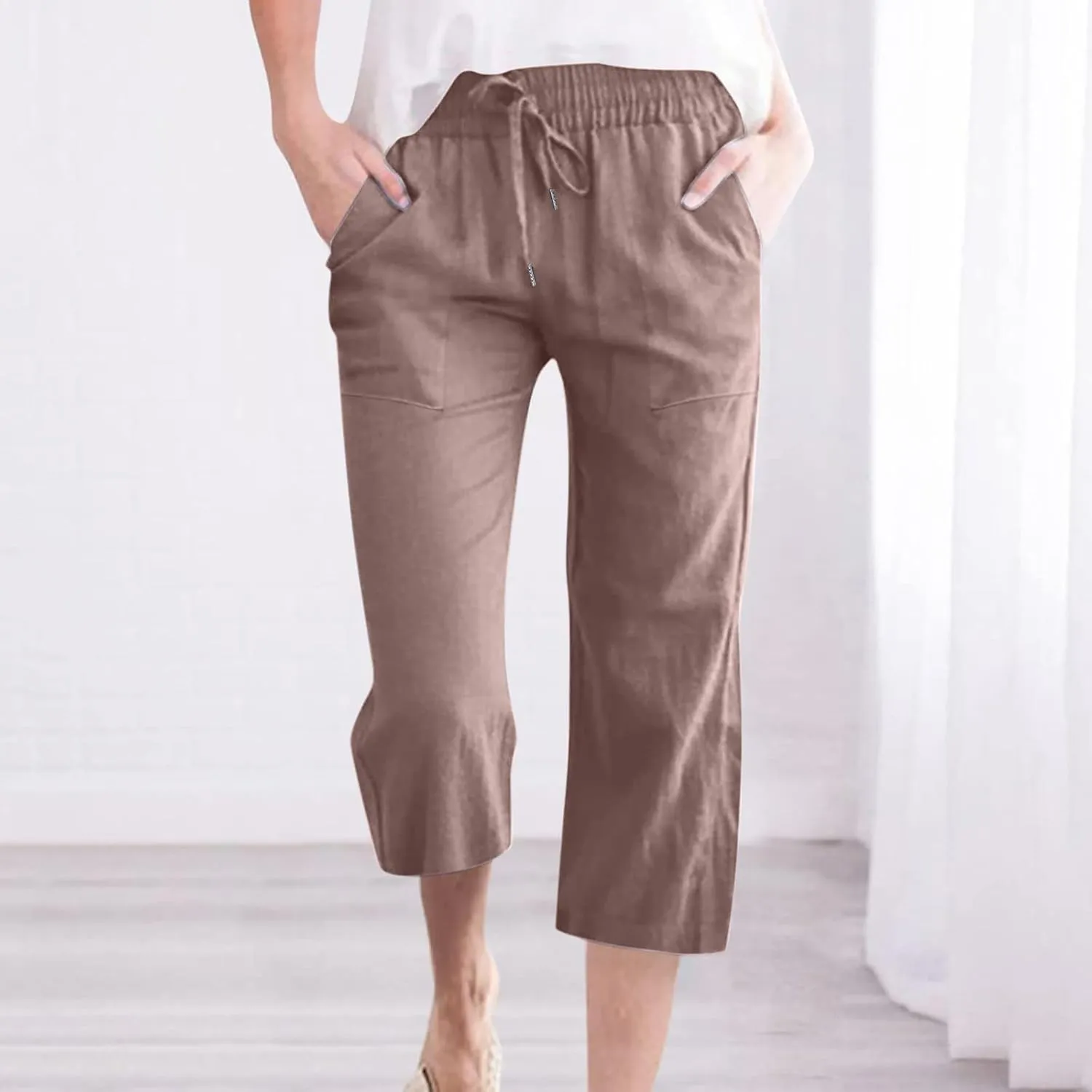 Womens Linen Pants Casual High Waisted Wide Leg Capri Pants Baggy Elastic Drawstring Trousers Summer Beach Trouser
