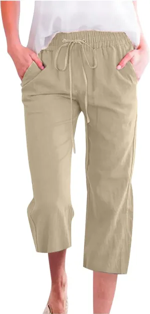 Womens Linen Pants Casual High Waisted Wide Leg Capri Pants Baggy Elastic Drawstring Trousers Summer Beach Trouser