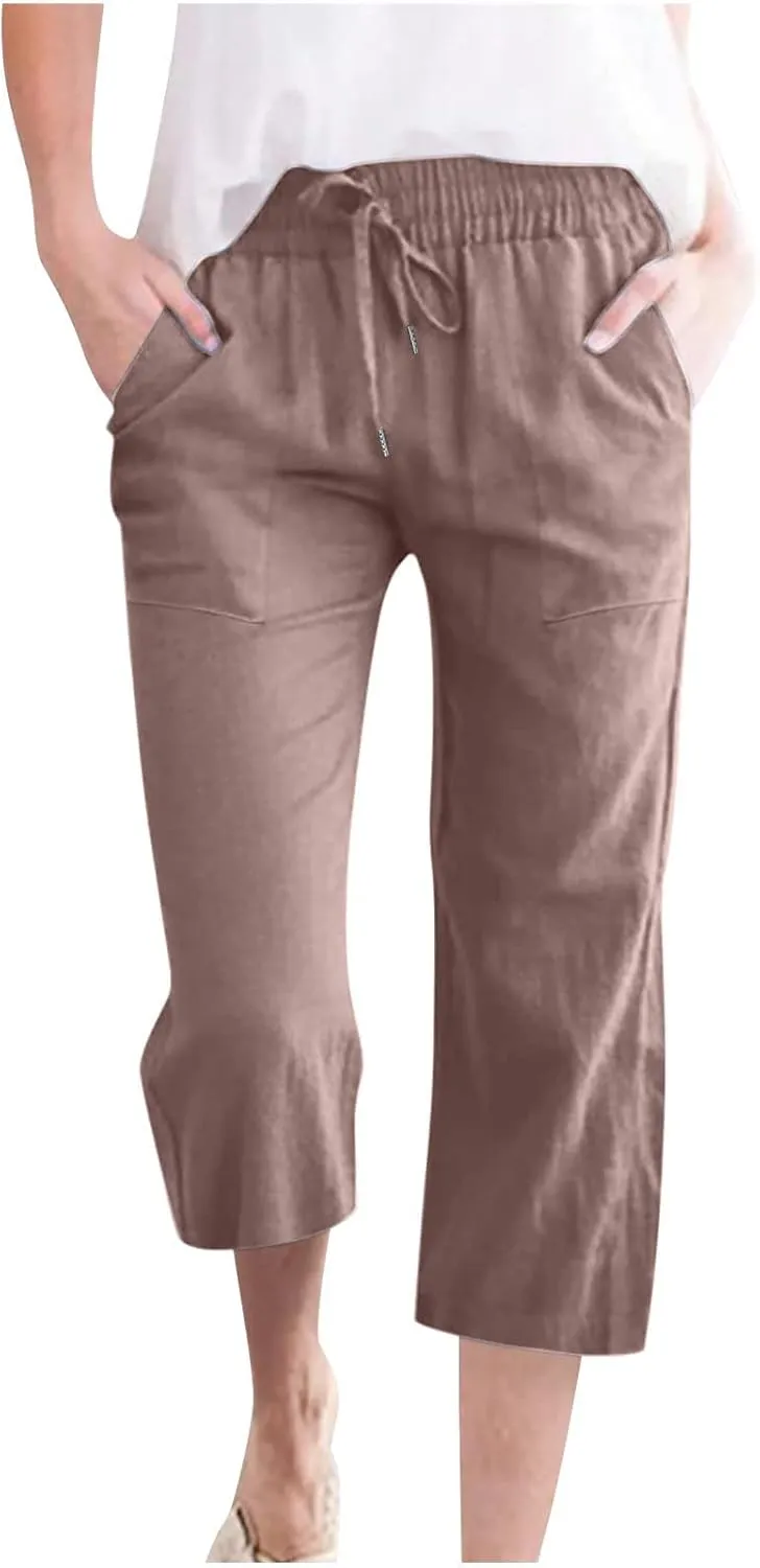 Womens Linen Pants Casual High Waisted Wide Leg Capri Pants Baggy Elastic Drawstring Trousers Summer Beach Trouser