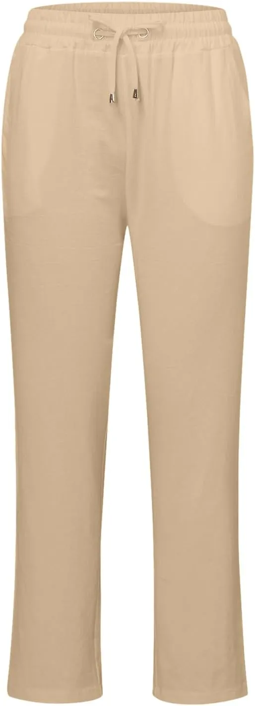 Womens Linen Pants Summer Drawstring Waist Straight Leg Pants Casual Beach Long Pants Beach Trousers Outfits