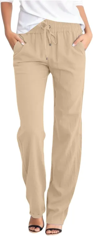 Womens Linen Pants Summer Drawstring Waist Straight Leg Pants Casual Beach Long Pants Beach Trousers Outfits