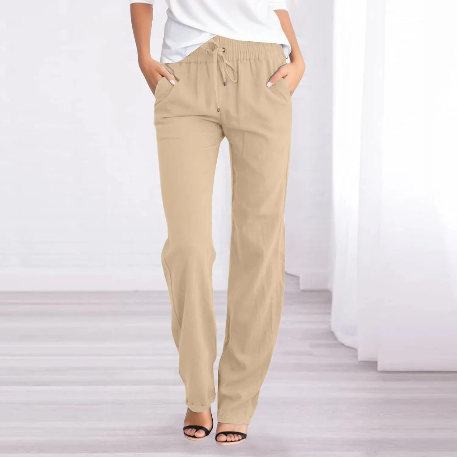 Womens Linen Pants Summer Drawstring Waist Straight Leg Pants Casual Beach Long Pants Beach Trousers Outfits