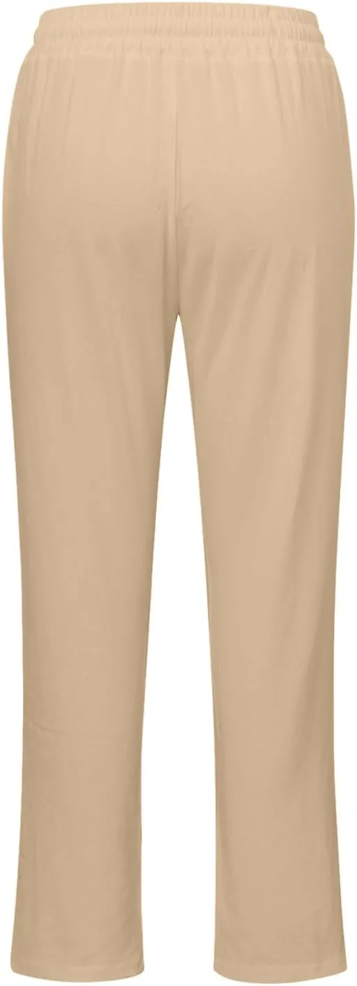 Womens Linen Pants Summer Drawstring Waist Straight Leg Pants Casual Beach Long Pants Beach Trousers Outfits