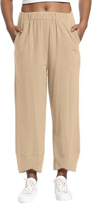 Womens Linen Pants Summer Drawstring Waist Wide Leg Pants Casual Elastic Waist Pants Beach Trousers Outfits