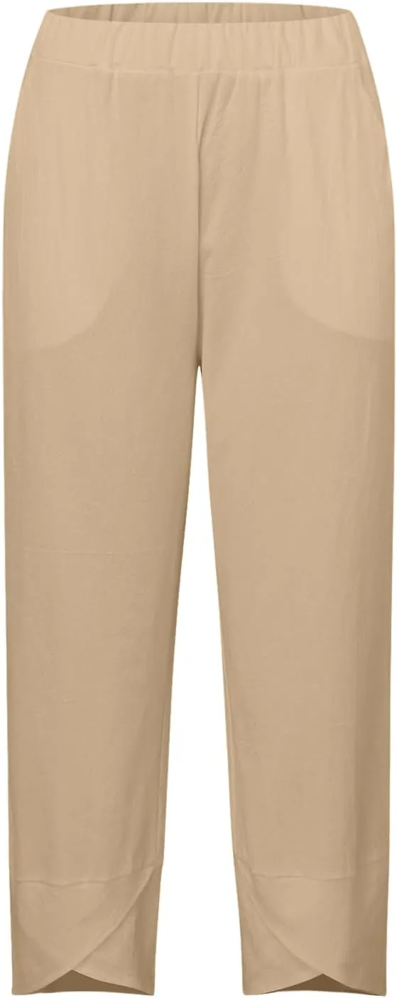 Womens Linen Pants Summer Drawstring Waist Wide Leg Pants Casual Elastic Waist Pants Beach Trousers Outfits
