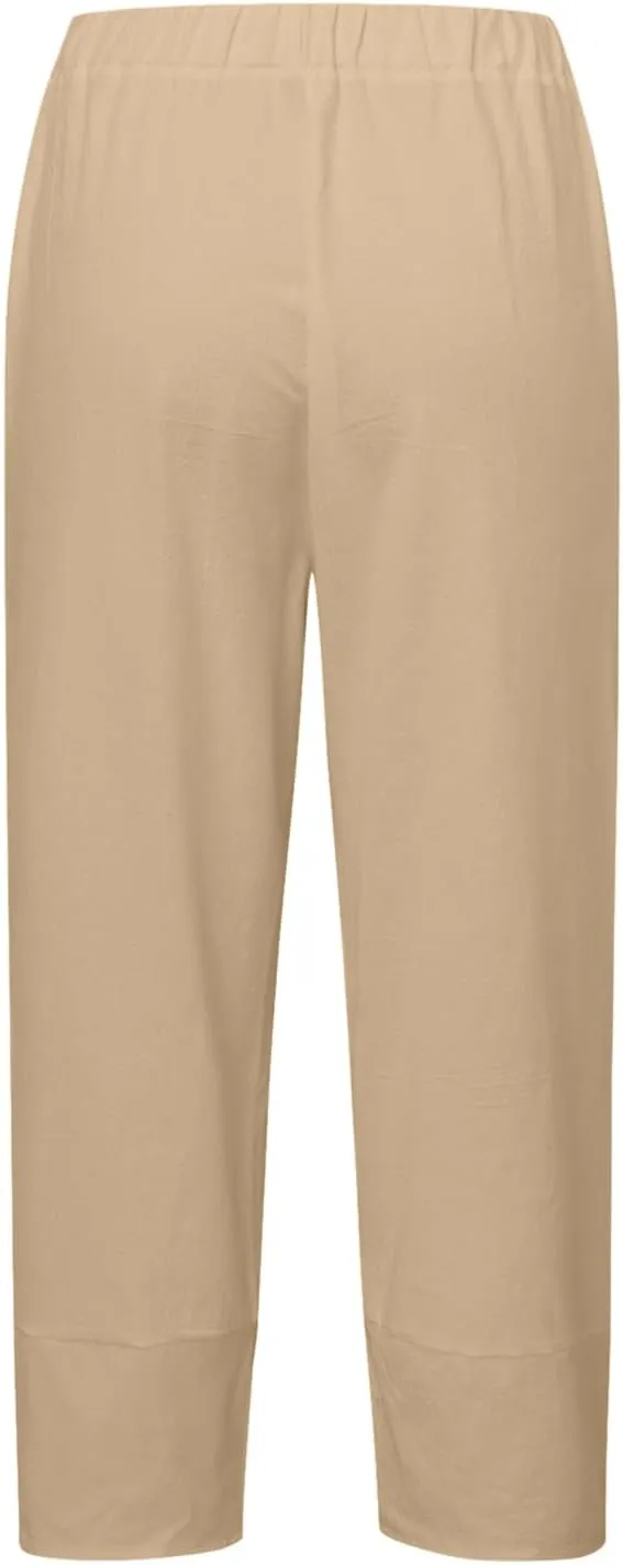 Womens Linen Pants Summer Drawstring Waist Wide Leg Pants Casual Elastic Waist Pants Beach Trousers Outfits