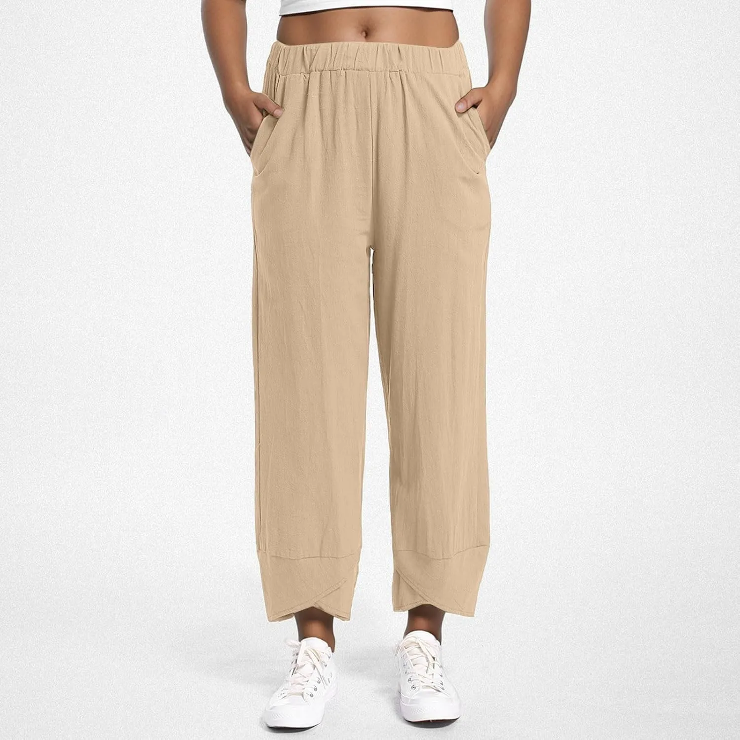 Womens Linen Pants Summer Drawstring Waist Wide Leg Pants Casual Elastic Waist Pants Beach Trousers Outfits