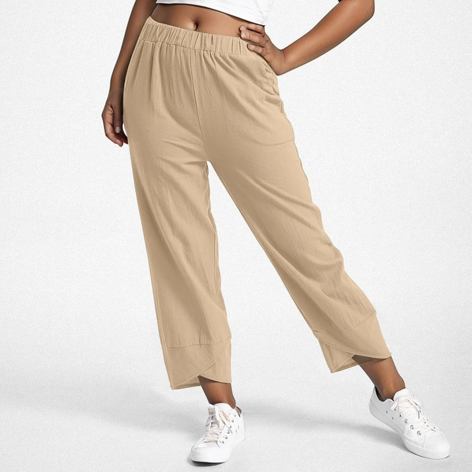 Womens Linen Pants Summer Drawstring Waist Wide Leg Pants Casual Elastic Waist Pants Beach Trousers Outfits