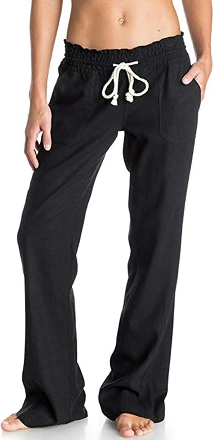 Womens Linen Pants Summer Drawstring Waist Wide Leg Pants Loose Lounge Palazzo Trouser Beach Trousers Outfits