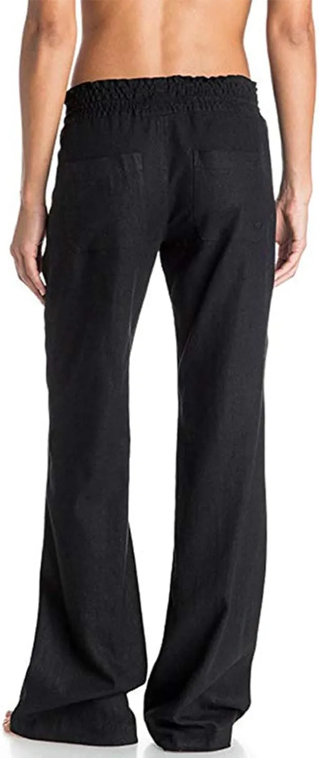 Womens Linen Pants Summer Drawstring Waist Wide Leg Pants Loose Lounge Palazzo Trouser Beach Trousers Outfits