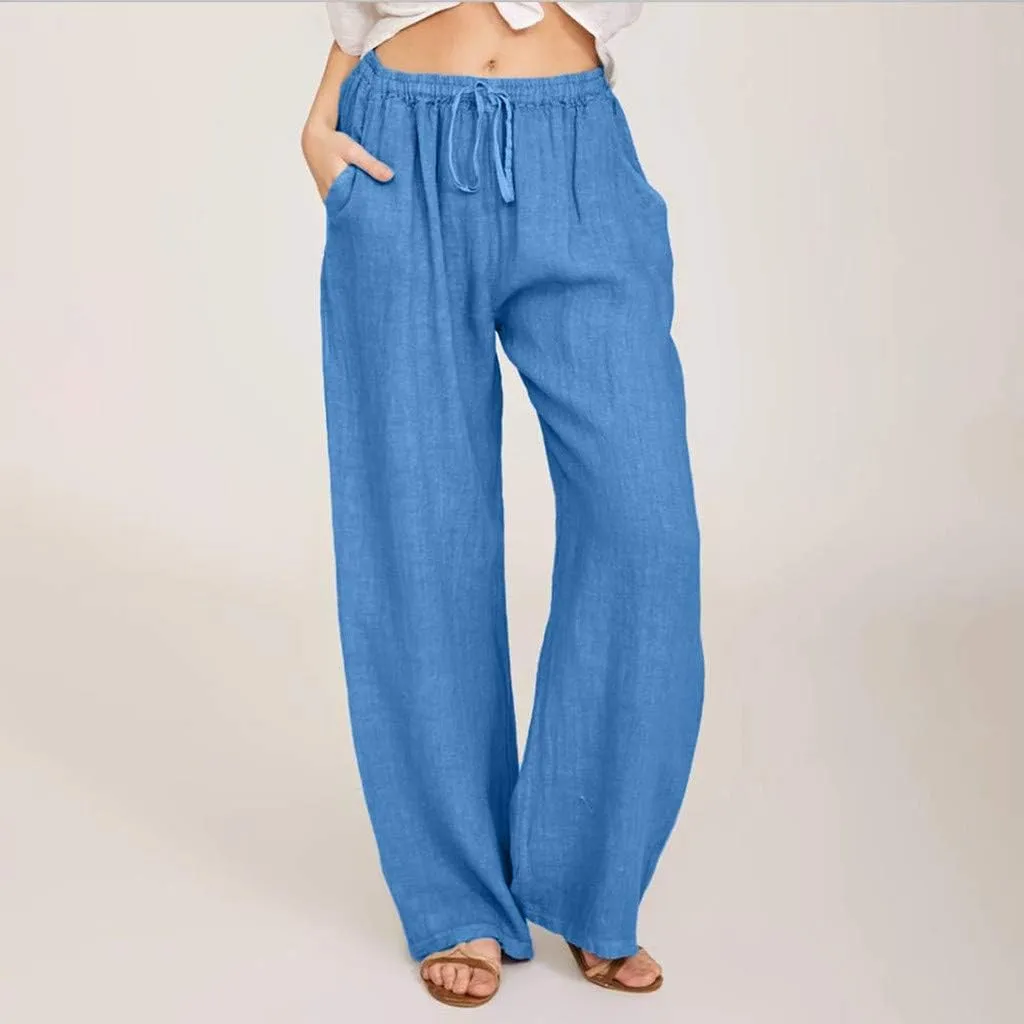 Women's Linen Pants Summer, Wide Leg, High Waisted, Drawstring, Beach Trousers, Blue, Size 0-22