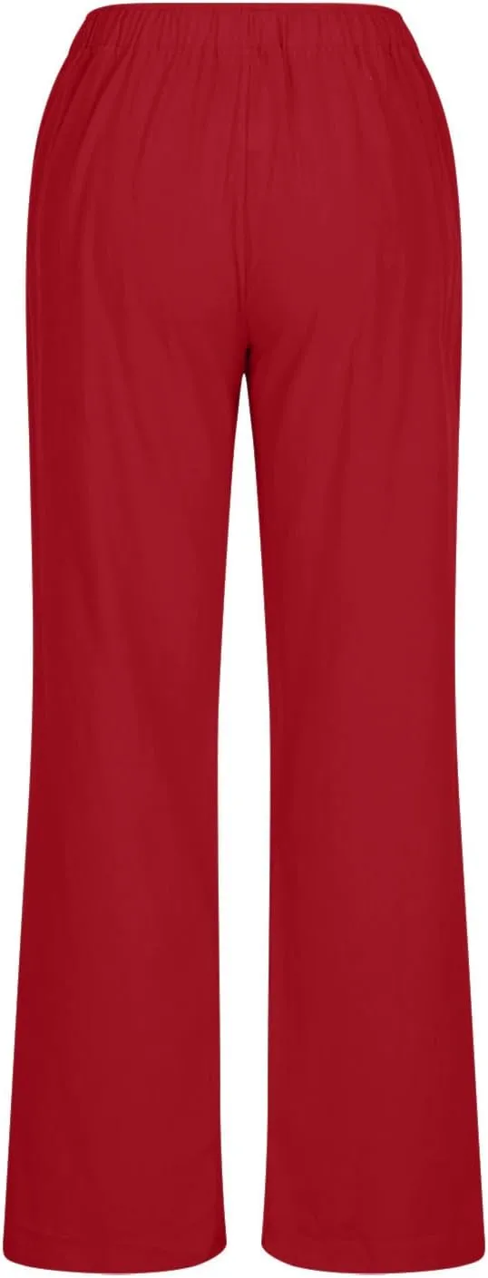 Women's Linen Pants Summer, Wide Leg, High Waisted, Drawstring, Beach Trousers, Blue, Size 0-22