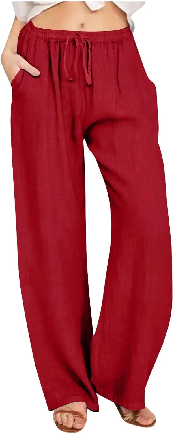 Women's Linen Pants Summer, Wide Leg, High Waisted, Drawstring, Beach Trousers, Blue, Size 0-22