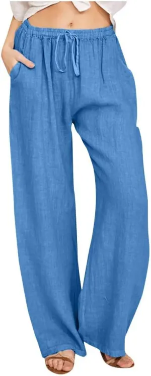 Women's Linen Pants Summer, Wide Leg, High Waisted, Drawstring, Beach Trousers, Blue, Size 0-22