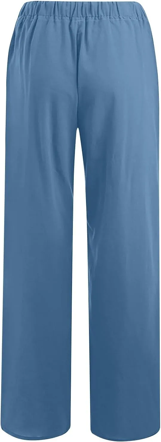 Women's Linen Pants Summer, Wide Leg, High Waisted, Drawstring, Beach Trousers, Blue, Size 0-22