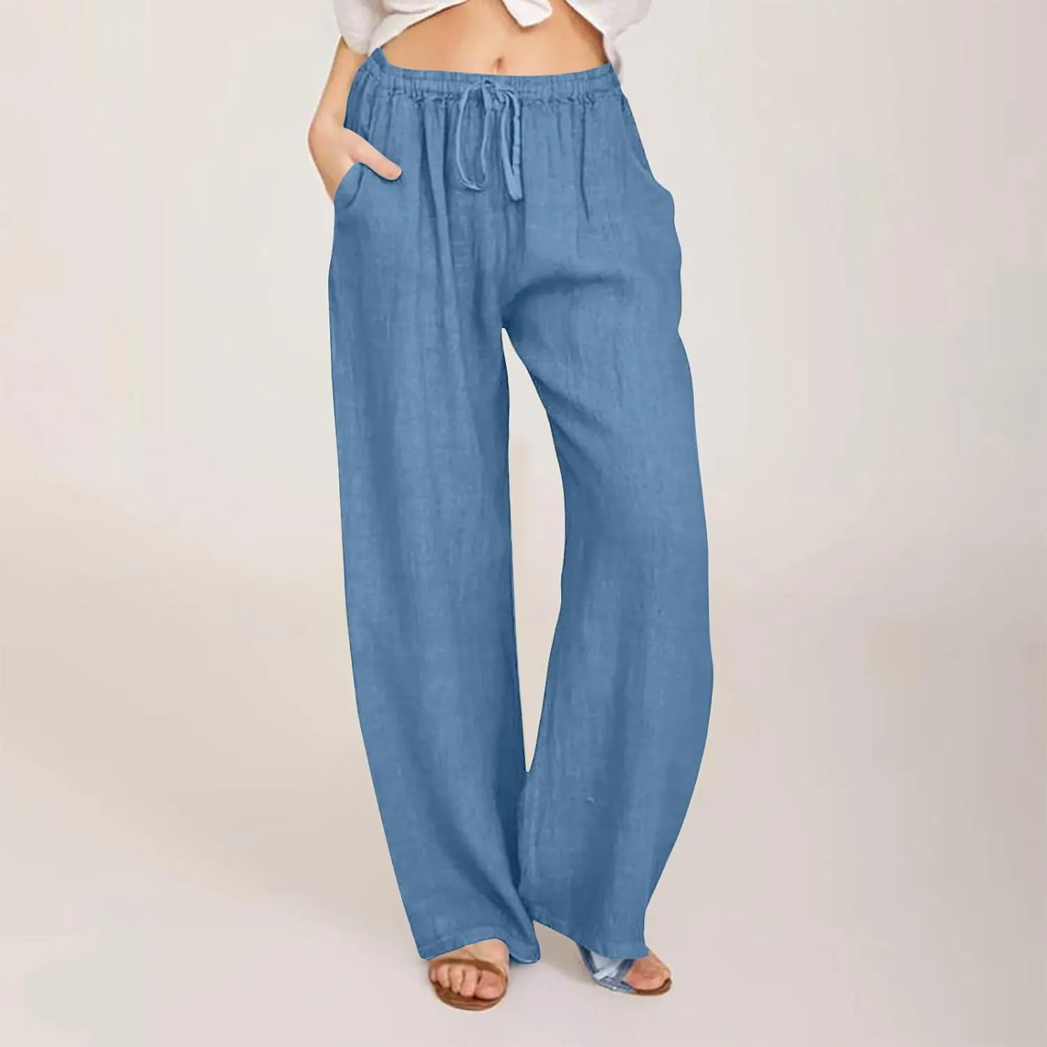Women's Linen Pants Summer, Wide Leg, High Waisted, Drawstring, Beach Trousers, Blue, Size 0-22