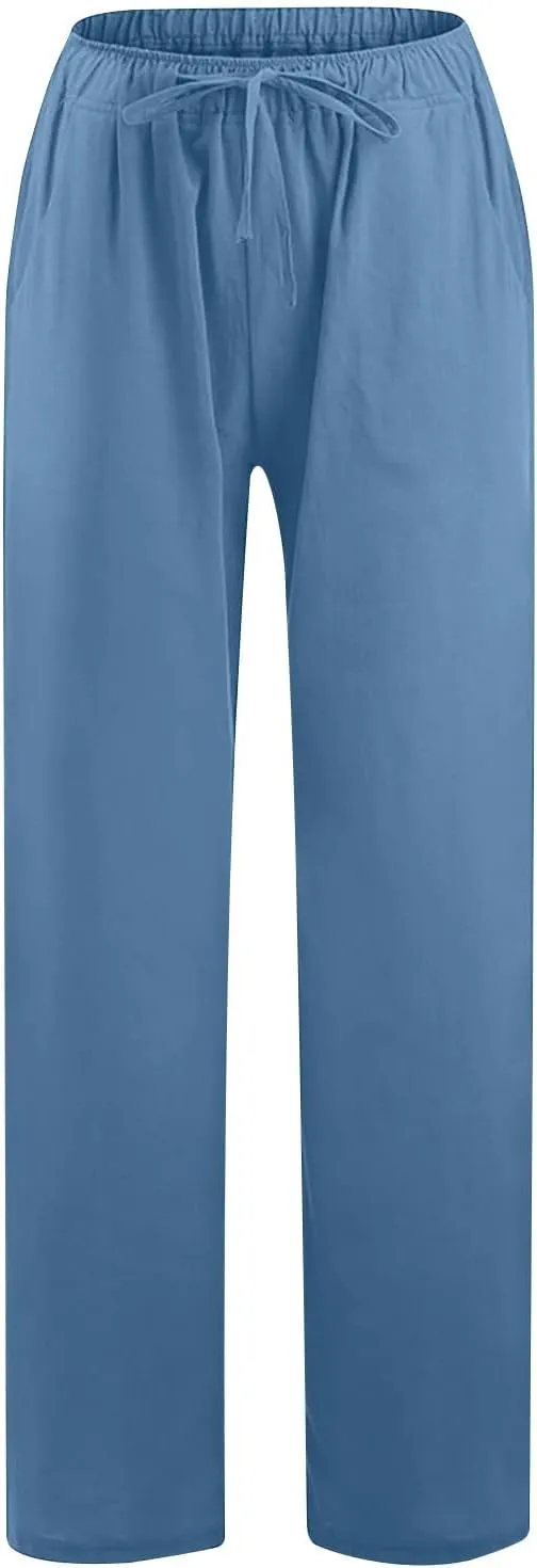 Women's Linen Pants Summer, Wide Leg, High Waisted, Drawstring, Beach Trousers, Blue, Size 0-22