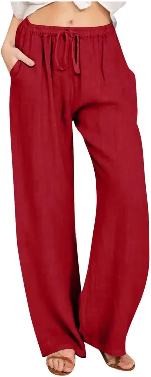 Women's Linen Pants Summer, Wide Leg, High Waisted, Drawstring, Beach Trousers, Blue, Size 0-22