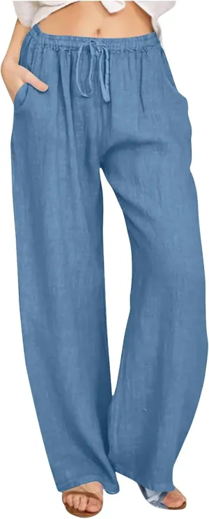 Women's Linen Pants Summer, Wide Leg, High Waisted, Drawstring, Beach Trousers, Blue, Size 0-22