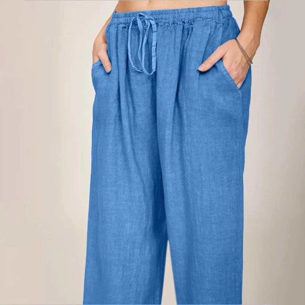 Women's Linen Pants Summer, Wide Leg, High Waisted, Drawstring, Beach Trousers, Blue, Size 0-22